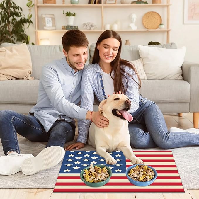 American Flag Dog Food Mat for Floors Absorbent Dog Bowl Mat for Food and Water Dispenser Quick Dry Cat Food Placemat Pet Supplies 17" x 30", USA Flag