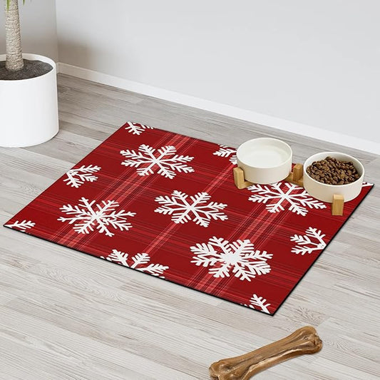 Xmas Snowflake Dog Food Mat for Floors Absorbent, Quick Dry Water Dispenser Mat for Food, Water, Pet Supplies 12" x 20", Christmas