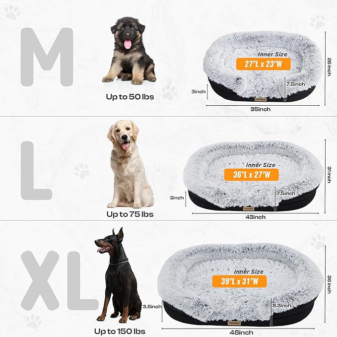 Fluffy Orthopedic Dog Bed for Large & Extra Large Dogs, Calming Plush Sofa Bed with Curved Bolster Support and Egg-Crate Foam Base, 43" Cozy Oval Pet Donut Bed with Washable Cover, Gray