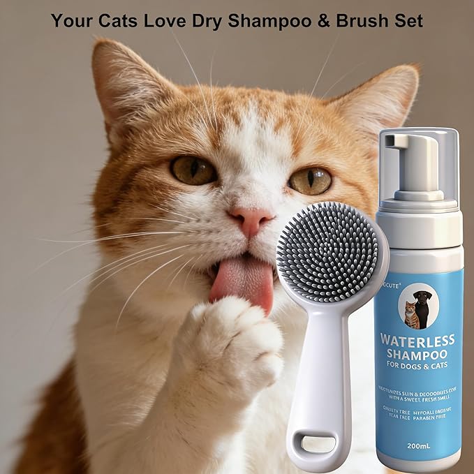 Waterless Cat Shampoo with Brush, Cat Bath No Rinse Dry Foam, Reduce Itchy Skin Shedding and Odor Control, Cats Kitten Shampoo