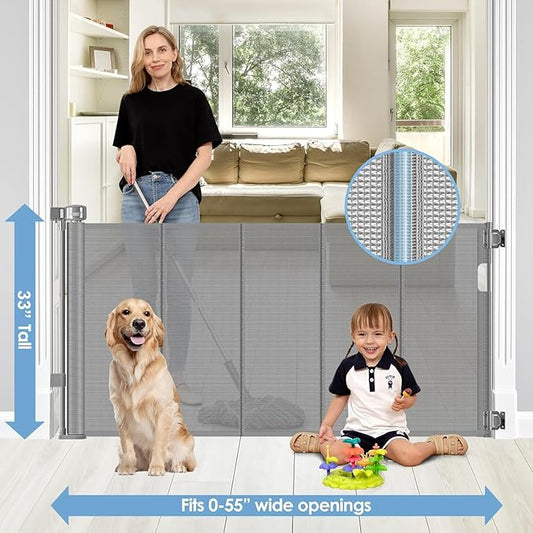 Reinforced Retractable Baby Gates with Support Rods, Retractable Gate for Babies and Pets Prevent Bottom Crawling Through, Extends up to 55” Wide, Mesh Dog Gate for The House Indoor Outdoor, Gray