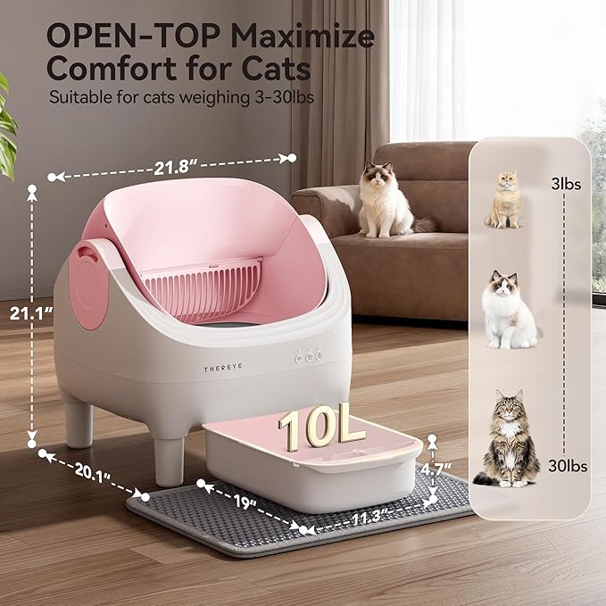 Thereye Self Cleaning Litter Box, Open-Top Automatic Litter Box with Smart App and Safety Sensors, Large Auto Litter Box for Multiple Cats, 10L Waste Bin with Odor Control, Includes Trash Bag, Pink