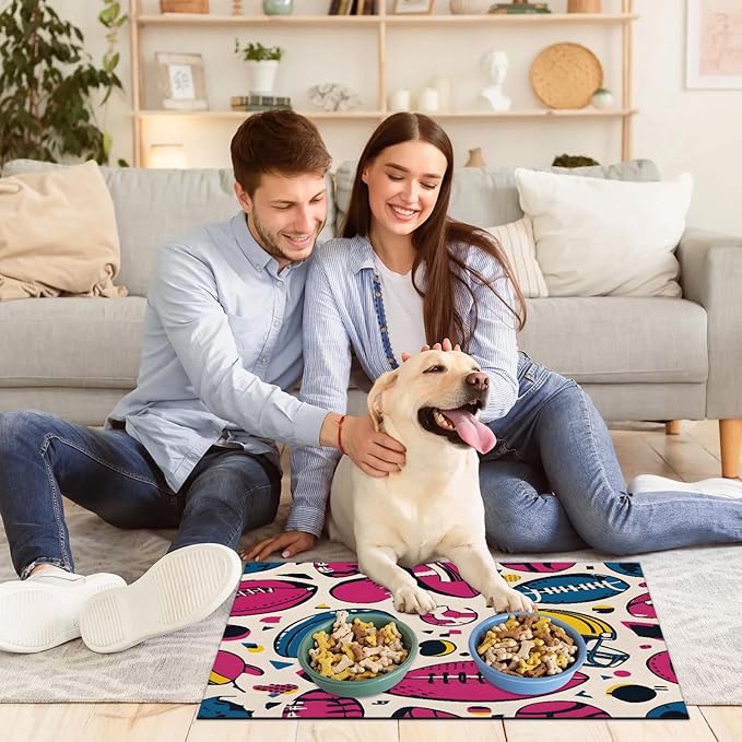 Rugby Dog Food Mat for Floors Absorbent, Quick Dry Water Dispenser Mat for Food, Water, Pet Supplies 24" x 32", American Footbal