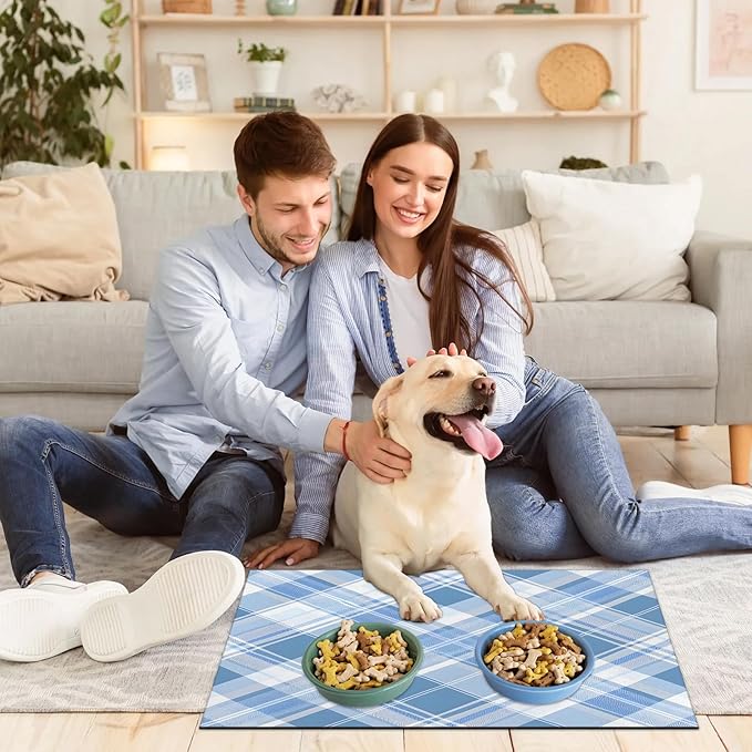 Buffalo Plaid Dog Food Mat for Floors Absorbent, Quick Dry Water Dispenser Mat for Food, Water, Pet Supplies 16" x 24", Blue Check