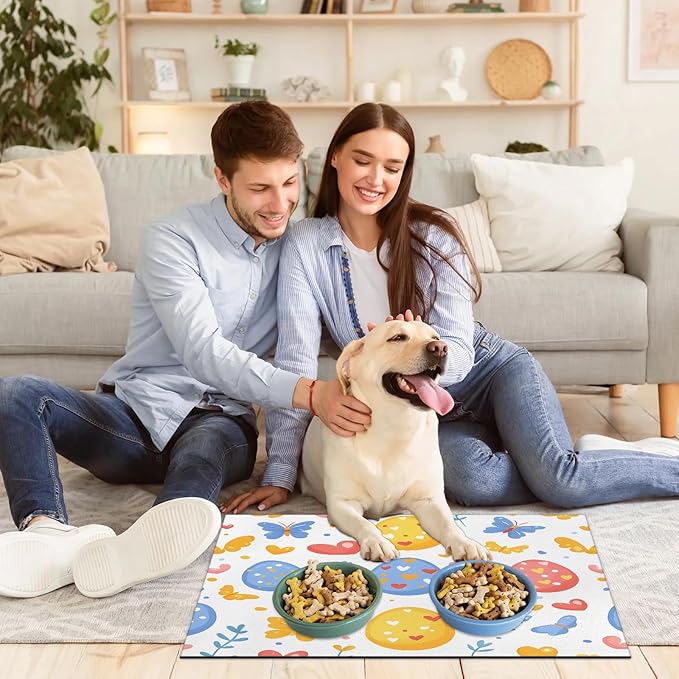 Easter Egg Dog Food Mat for Floors Absorbent Dog Bowl Mat for Food and Water Dispenser Quick Dry Cat Food Placemat Pet Supplies 16" x 24", Colorful Butterfly
