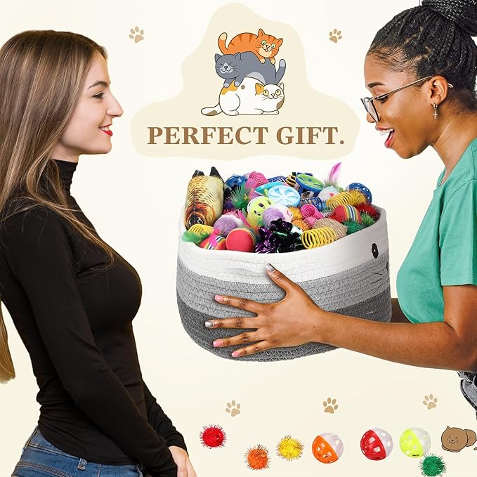 Zopeal 58 Pcs Easter Cat Storage Basket Gift Toys Set, Colorful Flashing Balls Pet Bell Crinkle Balls Spring Toys Attract Cat to Swat, Hunt, Interactive for Pet(Multicolor,12 Inch)