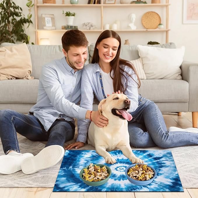Blue Tie Dye Dog Food Mat for Floors Absorbent, Quick Dry Water Dispenser Mat for Food, Water, Pet Supplies 16" x 24", Abstract Strip