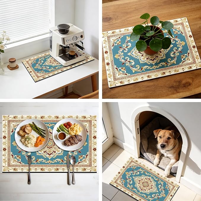 GLOBLELAND French Pastoral Pattern Pet Food Mat for Floors 11.8×20 inch Dogs Food Mats Absorbent Dog Bowl Mat Quick Dry Dog Cat Pet Placemats Pets Supplies for Water Dispenser
