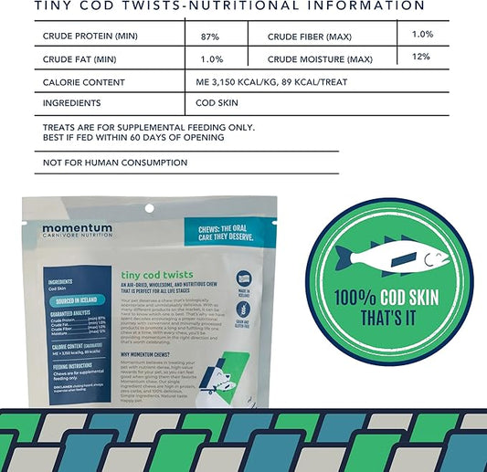 Momentum Carnivore Nutrition Tiny Cod Twists Dog Chews β Single Ingredient Icelandic Cod Skin Treats β Natural Dental Support, High-Protein Fish Chews β 3.1 oz Bag