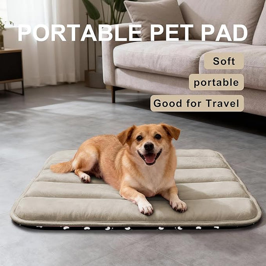 Dog Bed Mat, Reversible Dog Crate Pad with Washable Kennel Mat and Soft Foam, Flat Pet Bed for Dogs & Cats, for Crates Carriers & Travel (Light Brown, 28" L*16" W*1.5" Th)