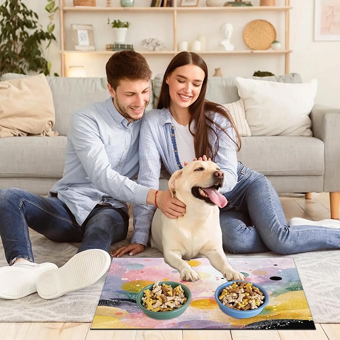 Polka Dot Dog Food Mat for Floors Absorbent Dog Bowl Mat for Food and Water Dispenser Quick Dry Cat Food Placemat Pet Supplies 12" x 20", Boho Circle