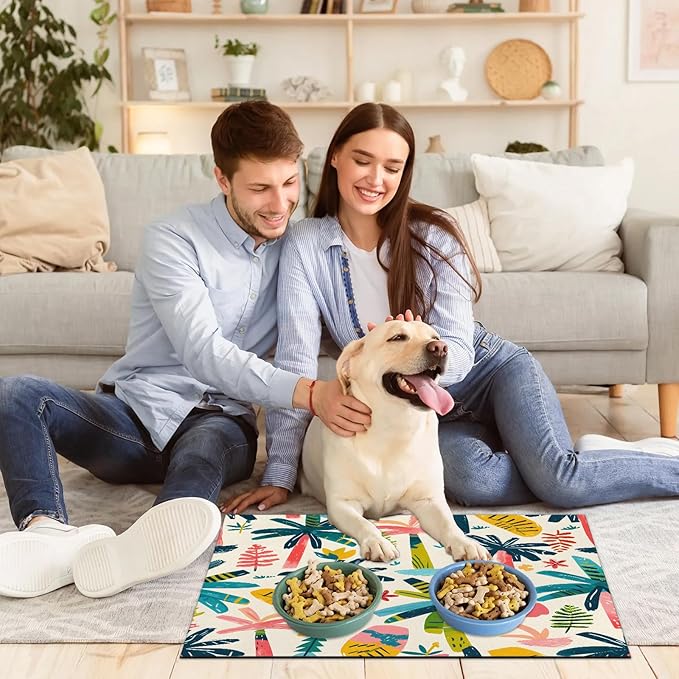 Palm Tree Dog Food Mat for Floors Absorbent, Quick Dry Water Dispenser Mat for Food, Water, Pet Supplies 12" x 20", Watercolor Plant