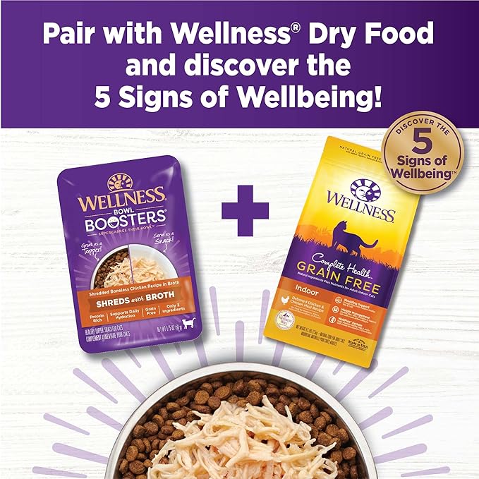 Wellness Bowl Boosters Wet Cat Food Topper, Grain Free, Natural, Shredded Chicken Recipe in Broth, 1.75 Ounce Pouch (Pack of 12)