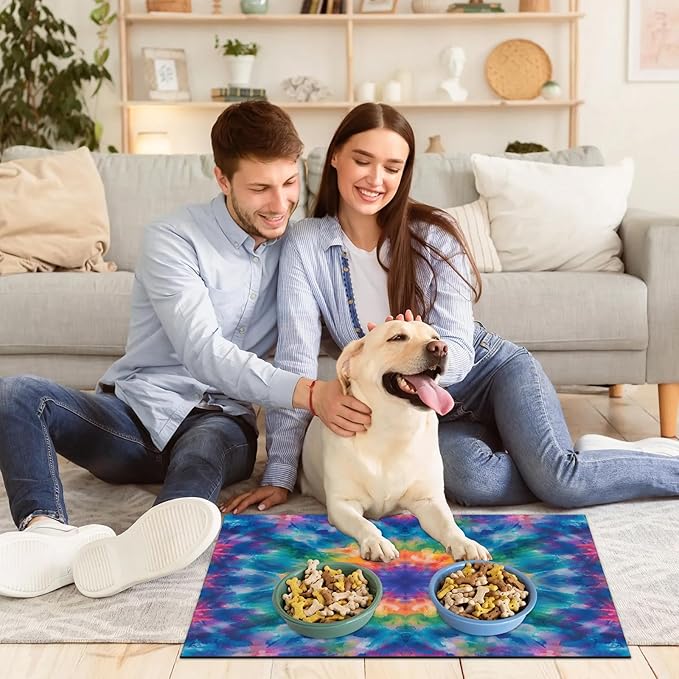 Tie Dye Dog Food Mat for Floors Absorbent, Quick Dry Water Dispenser Mat for Food, Water, Pet Supplies 16" x 24", Watercolor Mandala