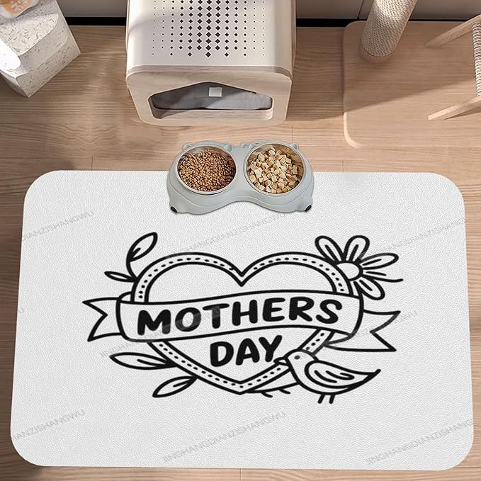 Dog Food Mats for Floors Absorbent Pet Cat Food Mat Happy Mother's Day Simple Heart Gift Mom Non Slip Dogs Bowl Mats for Water Dog Placemats Feeding Mat Pet Supplies 18X12In