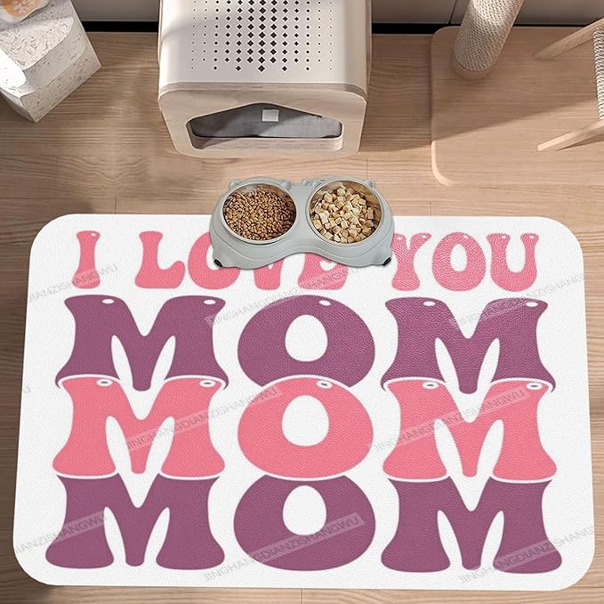 Dog Food Mat Happy Mother's Day Floral Gift for Mom Kf Absorbent Water Bowl Mats Cat Pet Feeding Placemats 18X12In