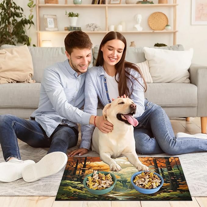 Fall Forest Dog Food Mat for Floors Absorbent, Quick Dry Water Dispenser Mat for Food, Water, Pet Supplies 16" x 24", Autumn Harvest
