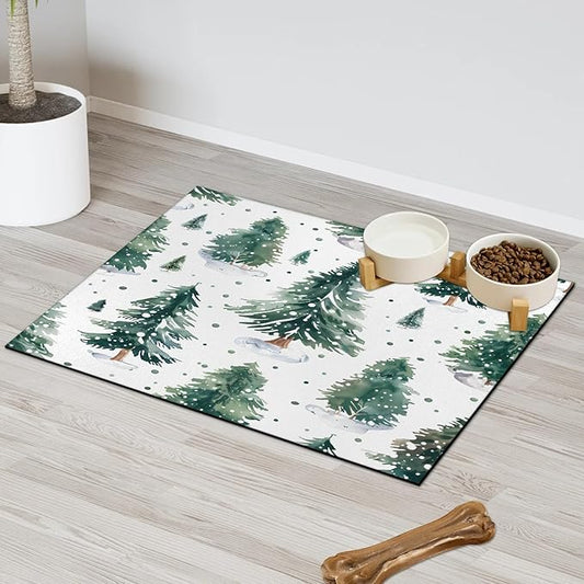 Christmas Tree Dog Food Mat for Floors Absorbent, Quick Dry Water Dispenser Mat for Food, Water, Pet Supplies 24" x 32", Winter Xmas