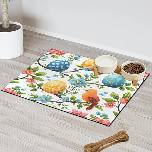 Spring Easter Dog Food Mat for Floors Absorbent Dog Bowl Mat for Food and Water Dispenser Quick Dry Cat Food Placemat Pet Supplies 24" x 32", Bird Egg Flower