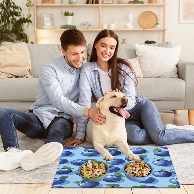 Blueberries Dog Food Mat for Floors Absorbent Dog Bowl Mat for Food and Water Dispenser Quick Dry Cat Food Placemat Pet Supplies 16" x 24", Blue Fruit