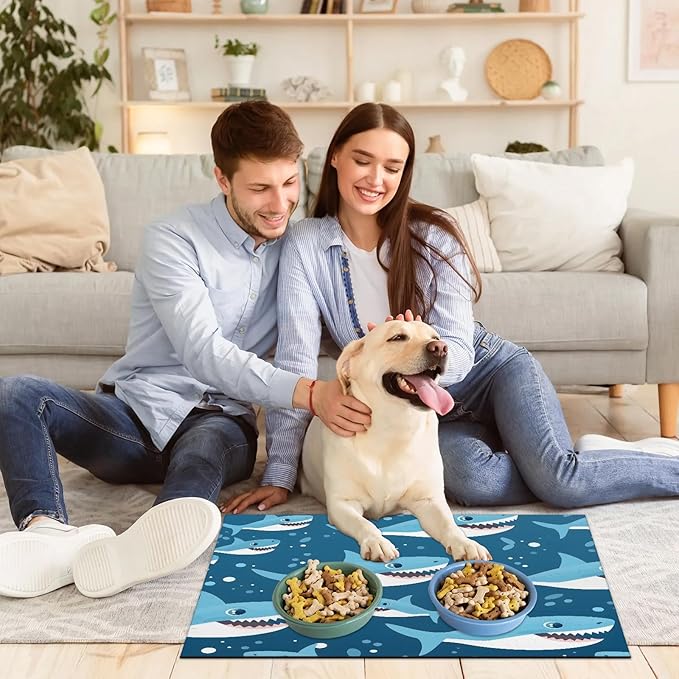 Cartoon Shark Dog Food Mat for Floors Absorbent Dog Bowl Mat for Food and Water Dispenser Quick Dry Cat Food Placemat Pet Supplies 12" x 20", Ocean Sea