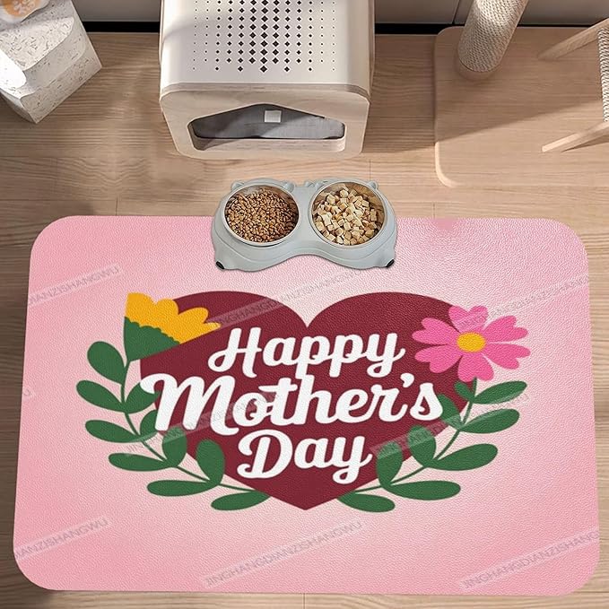 Non Slip Mat for Dog Pet Cat Dog Food Mats Happy Mother's Day Floral Gift for Mom Gg Water Bowl Mat Quick Dry Absorbent Cat Feeding Mats 24x16In