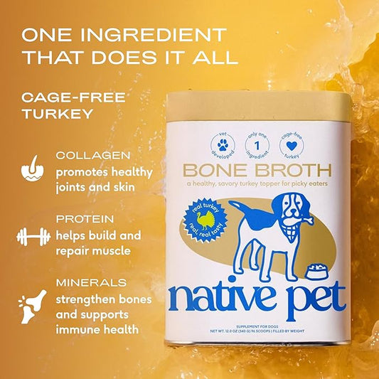 Native Pet Bone Broth for Dogs and Cats - Turkey Bone Broth Powder Dog Food Toppers for Picky Eaters - Provides Extra Nutrition for Joint Strength, Immune Support & Heart Health - 96 Scoops