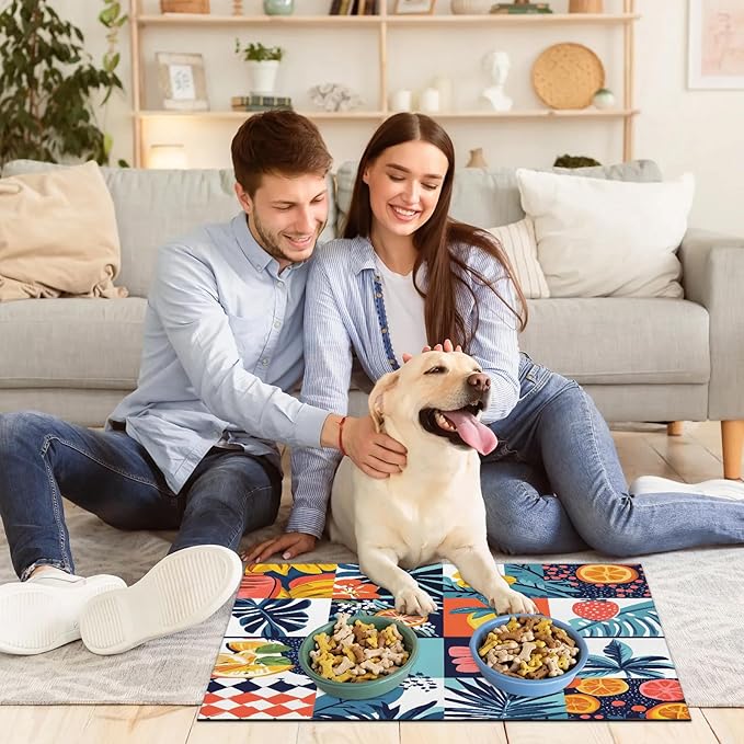 Pineapple Fruit Dog Food Mat for Floors Absorbent Dog Bowl Mat for Food and Water Dispenser Quick Dry Cat Food Placemat Pet Supplies 12" x 20", Check