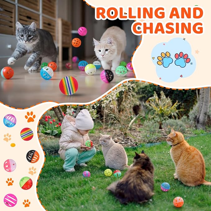300 Pcs Cat Balls Bulk Plastic Lattice Balls Colorful Assorted Pack Kitten Ball with Bells for Indoor Cat Stray Kitten to Chase Pounce Play