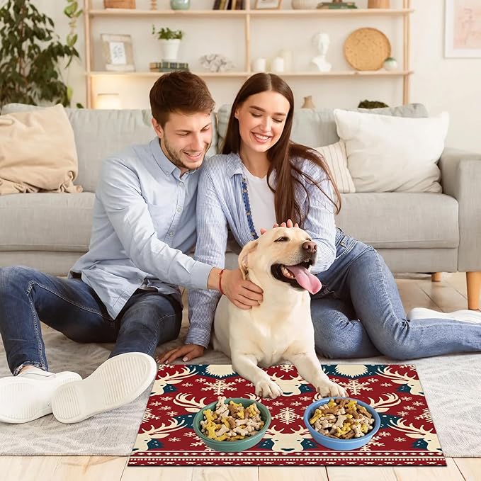 Christmas Deer Dog Food Mat for Floors Absorbent, Quick Dry Water Dispenser Mat for Food, Water, Pet Supplies 12" x 20", Snowflake