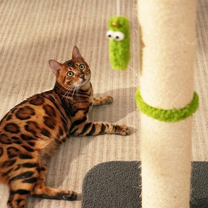 TINYBEAST 34.7" Tall Cat Scratching Post, 3 in 1 Sisal Cat Scratcher, Heavy Duty 4.3" Diameter Cat Tree with Hanging Bell Ball Toy and Reinforced Stable Base for Indoor Adult Cats & Kittens