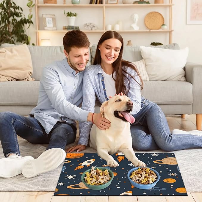 Rocket Dog Food Mat for Floors Absorbent, Quick Dry Water Dispenser Mat for Food, Water, Pet Supplies 17" x 30", Starry Sky