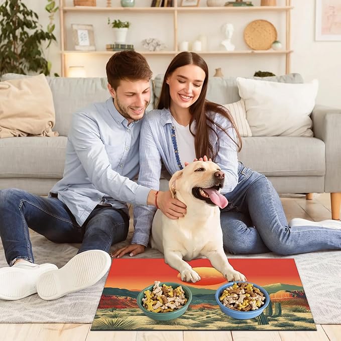 Sunrise Dog Food Mat for Floors Absorbent, Quick Dry Water Dispenser Mat for Food, Water, Pet Supplies 12" x 20", Cactus