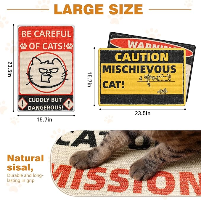 Sisal Cat Scratcher Post Mat (Use on Wall, Couch and Carpet), Durable and Shedding-Resistant Cat Scratching Surface - 21.7x13 inch with Hoop and Loop Adhesives, Twist Pins(red)