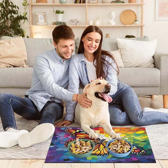 Rainbow Butterfly Dog Food Mat for Floors Absorbent, Quick Dry Water Dispenser Mat for Food, Water, Pet Supplies 12" x 20", Colorful Butterflies