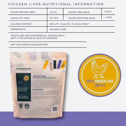 Momentum Carnivore Nutrition Freeze-Dried Chicken Liver Dog Treats & Cat Treats โ Single-Ingredient, High-Protein, Grain-Free, Naturally Flavorful โ Made in USA โ 3.5 oz Bag