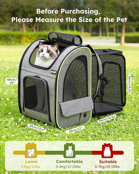 Pecute Cat Backpack Carrier XL, Expandable Pet Backpack for Cats & Small Dogs Up to 15lbs, with 4-Side Breathable Mesh, Multi-Entry & Lockable Zippers for Travel, Hiking, Camping - Hands Free, Gray