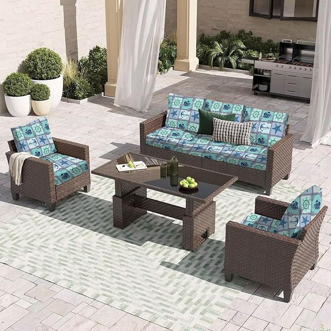 HANDONTIME 8Pcs Outdoor Patio Cushion Covers Anchor Starfish Stretch Couch Cushion Cover Patio Couch Slipcover for Outdoor/Indoor Washable Non-Slip Furniture Protector for Pets (Oceans,Cover Only)
