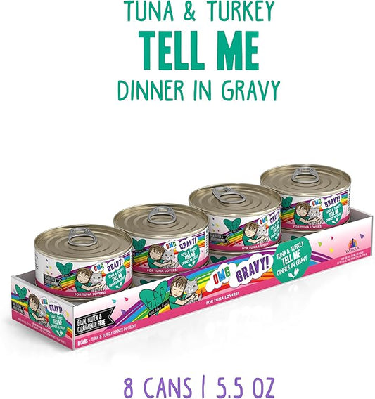 Weruva B.F.F. OMG - Best Feline Friend Oh My Gravy!, Tuna & Turkey Tell Me with Tuna & Turkey, 5.5oz Can (Pack of 8)