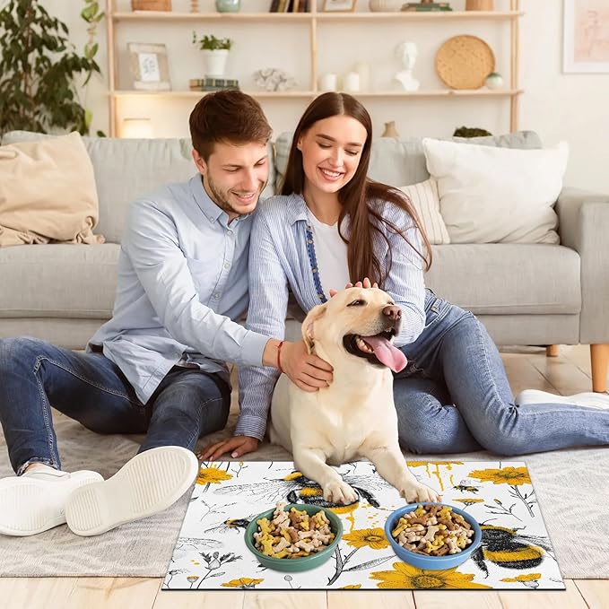 Boho Bee Dog Food Mat for Floors Absorbent, Quick Dry Water Dispenser Mat for Food, Water, Pet Supplies 24" x 32", Yellow Flower