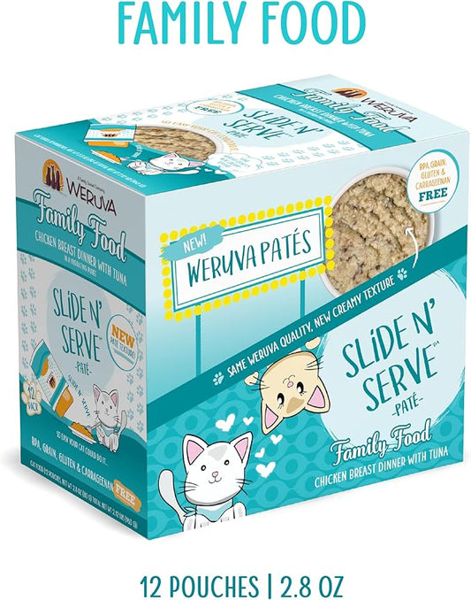 Weruva Wet Cat Food, Family Food with Chicken and Tuna Pate, 2.8oz Slide N Serve Pouch, Pack of 12