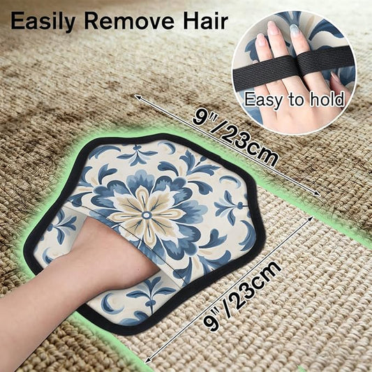 Reusable Pet Hair Removal Glove Watercolor Blue Flowers Magic Brush for Cat & Dog Hair Remover for Car, Sofa, Bedding, Clothes - 9x9 Mitt Washable