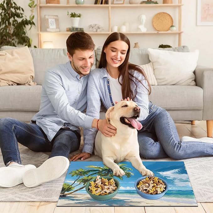 Ocean Beach Dog Food Mat for Floors Absorbent, Quick Dry Water Dispenser Mat for Food, Water, Pet Supplies 16" x 24", Tropical Palm Tree
