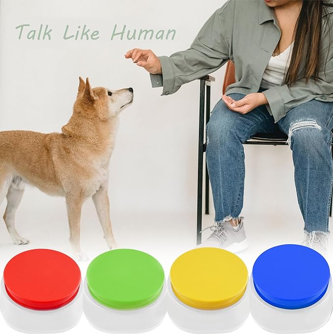 Rechargeable Dog Buttons for Communication Voice Recording Buttons for Pets Cats Dog Training Talking Buttons Sound Button Recordable Answer Buzzer (4 Packs, Red+Yellow+Blue+Green)