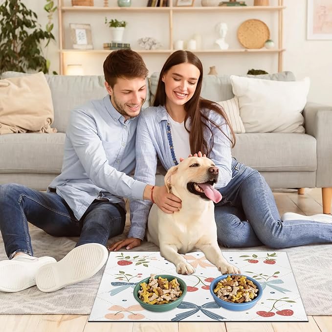 Bow Cherry Dog Food Mat for Floors Absorbent, Quick Dry Water Dispenser Mat for Food, Water, Pet Supplies 17" x 30", White Check