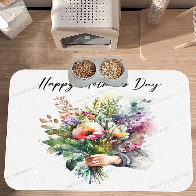Dog Food Mat for Floors Absorbent Quick Drying Happy Mother's Day Floral Gift for Mom Gq Pet Cat Food Mat Easy-to-Clean Pet Feeding Mats Dog Bowl Mats 24x16In