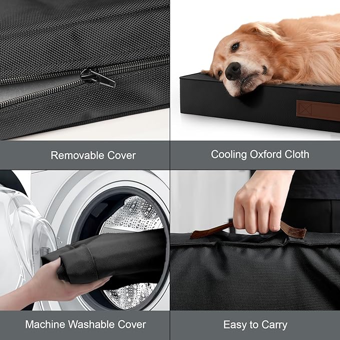 Outdoor Dog Bed for Medium Dogs, Waterproof Dog Crate Mat Orthopedic Egg Crate Foam Pet Bed with Washable Removable Oxford Cover, Black