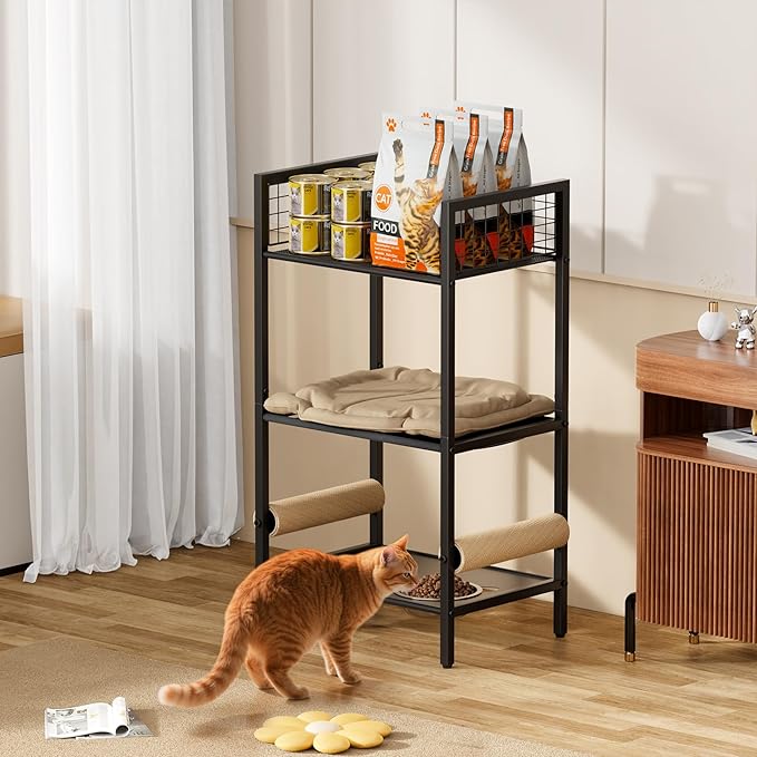 4in1 Cat Furniture Stand with Cat Scratching Post, Cat Food Bowls, Cats Bed Platform, Cats Food Storage Organizer, All in One Pet Furniture for Small Space (Black)