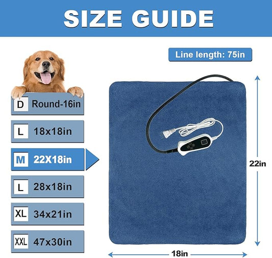 Bestio Cat Heating Pad, 22Ă—18 in Heating Dog Bed Suitable for Medium and Small Pets, Adjustable Thermostat+Constant ON Function with Plush Cover - Blue