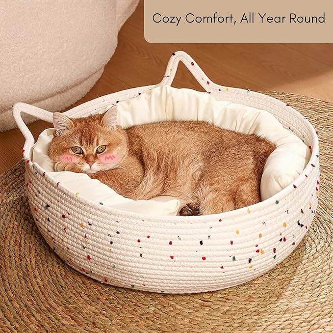 Cat Bed for Indoor Cats β Round Washable Basket with Soft Cushion & Scratchable Sides, Cozy Woven Kitten Bed, 17.7β x 5.9β